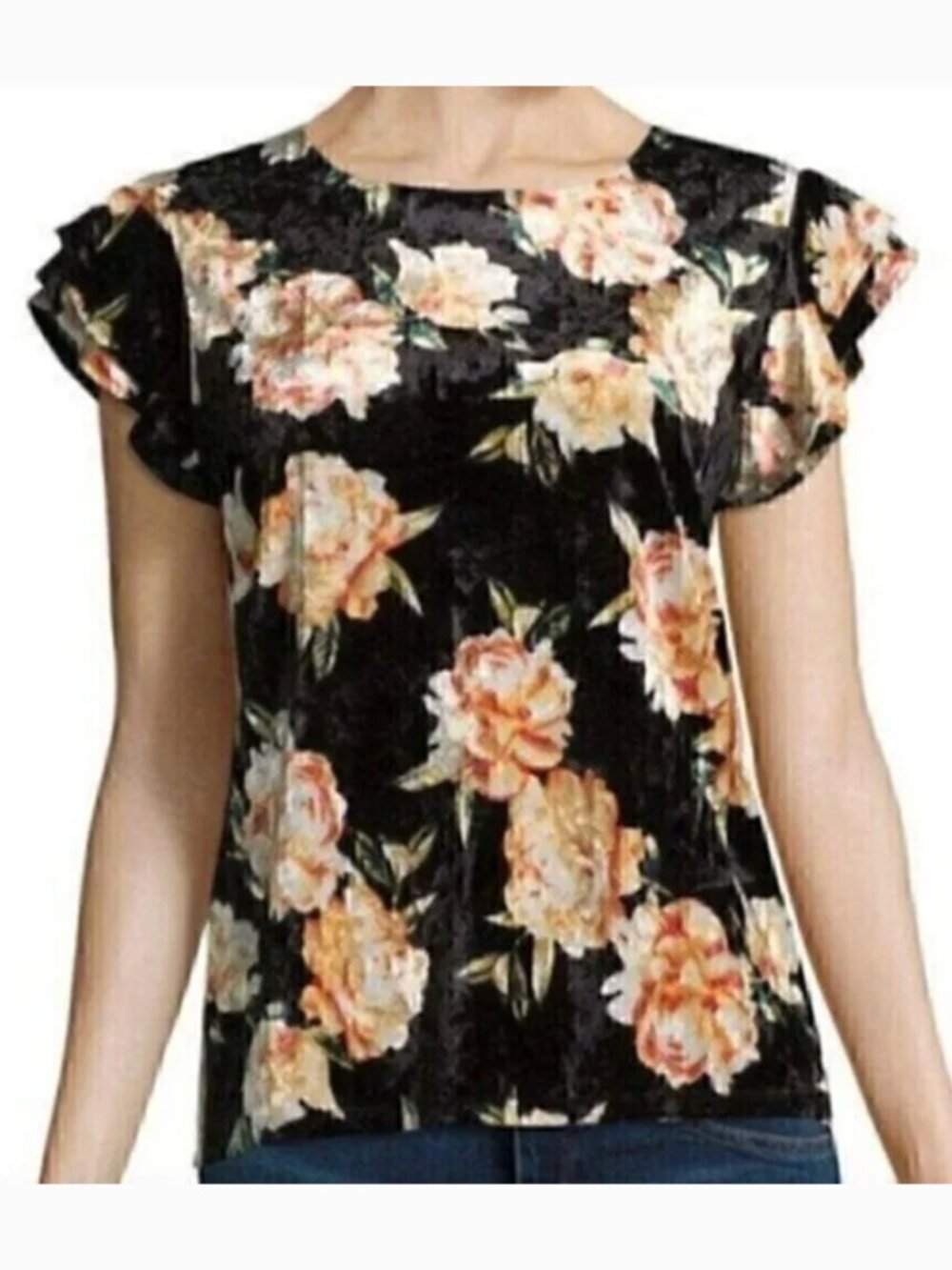A.N.A Velvet Ruffle Tee Black Orange Floral Velour Short Flutter Sleeve Blouse L